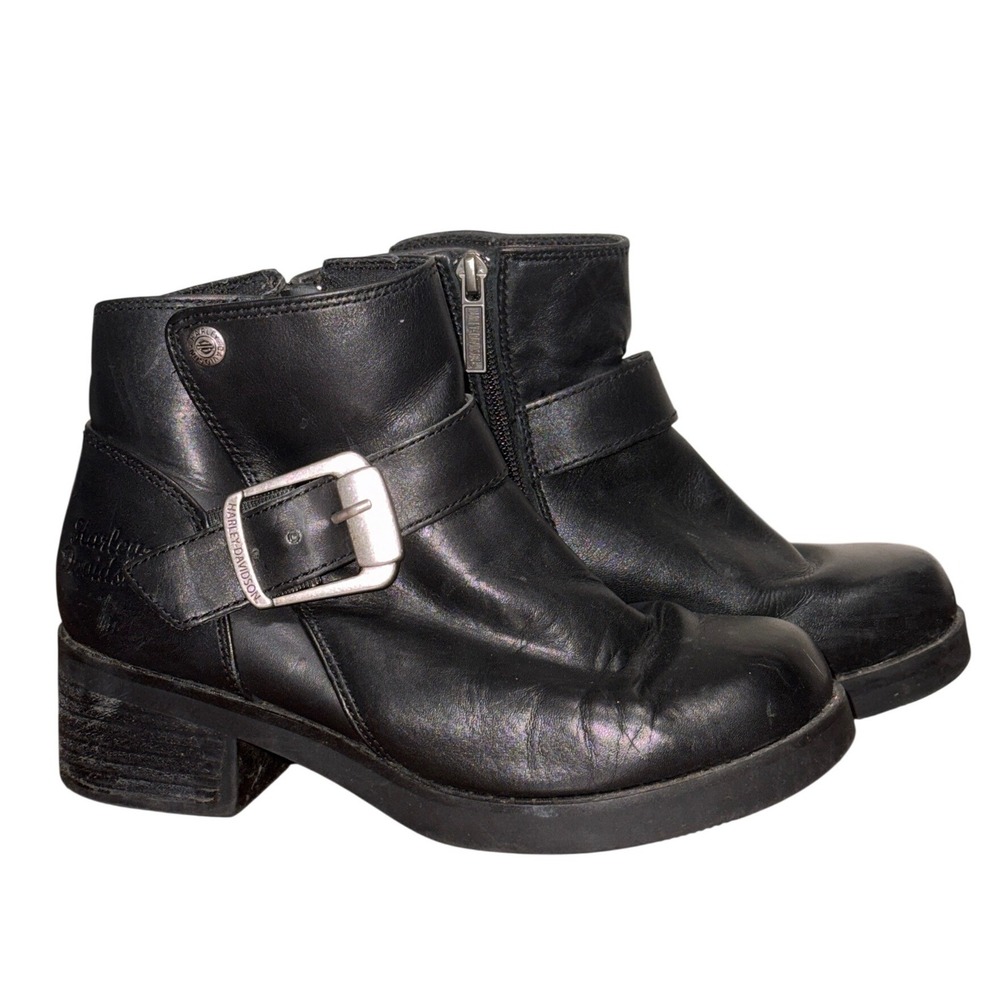 Harley Davidson Leather Motorcycle Ankle Boots Buckle Block Heel Biker Moto 6.5